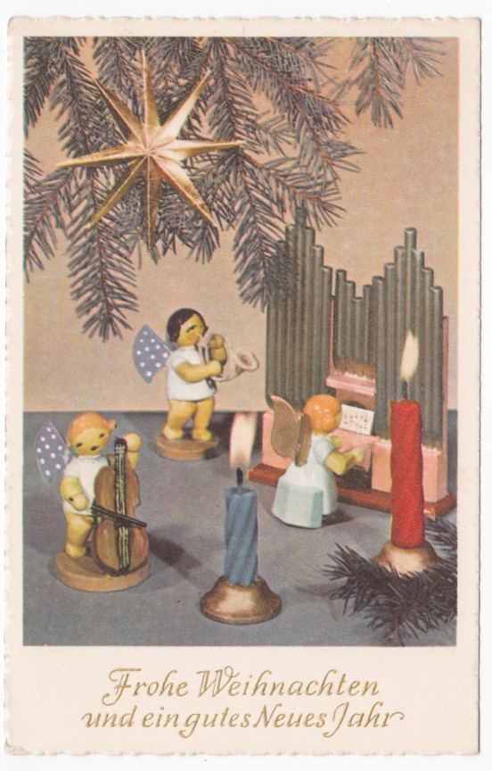 1962 viaggiata-cartolina augurale-angeli-Engeln-Postkarte-Weinachten-Neues Jahr